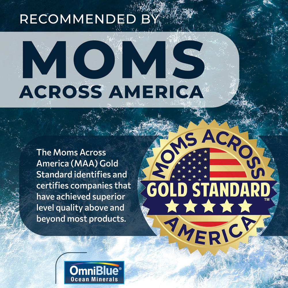 OmniBlue serving mixer idea shows dissolving minerals in juice or smoothie for daily use.