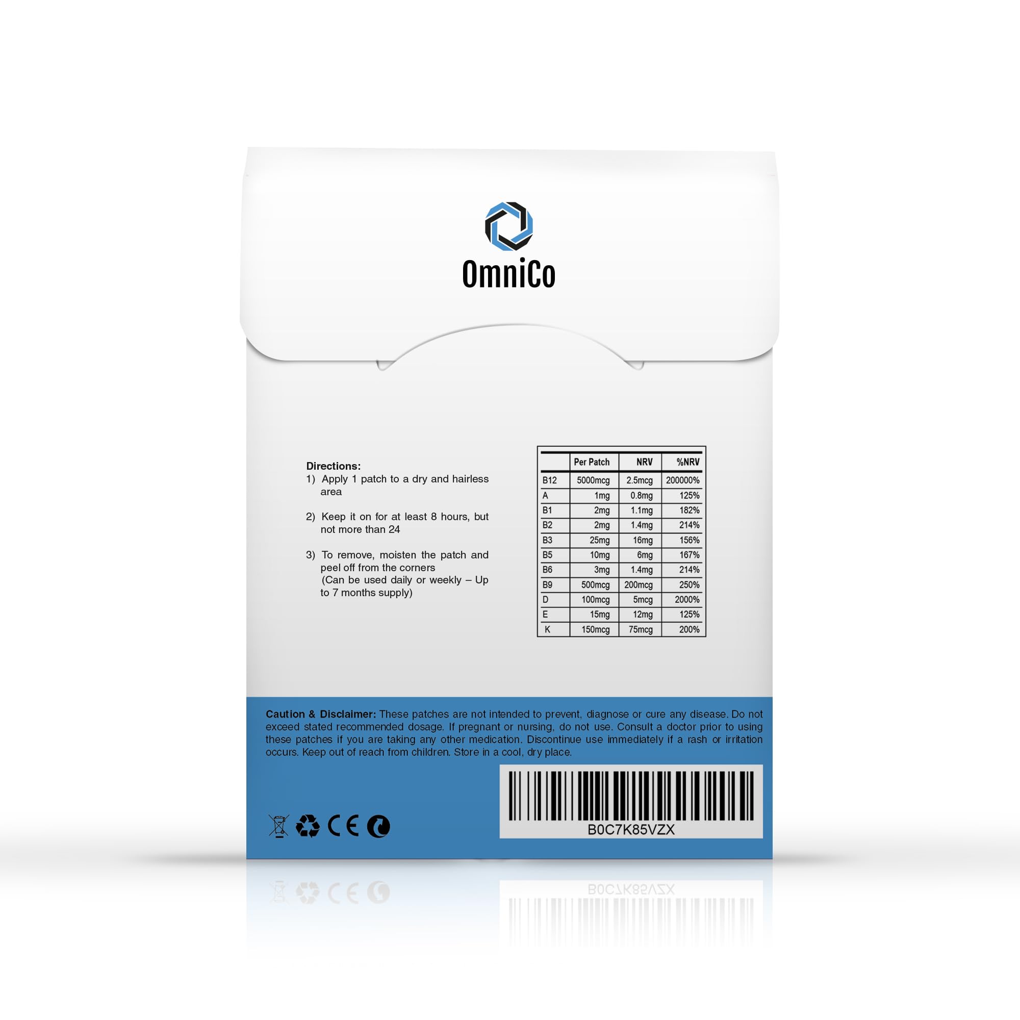 OmniCo Parches de Energía B12 trasero, aplicación en piel.