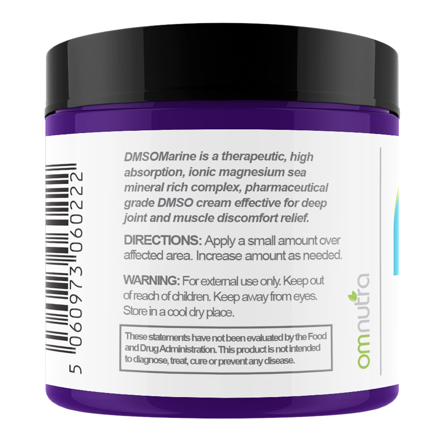 OmNutra DMSO cream label close-up highlights pharmaceutical-grade formula for daily use.