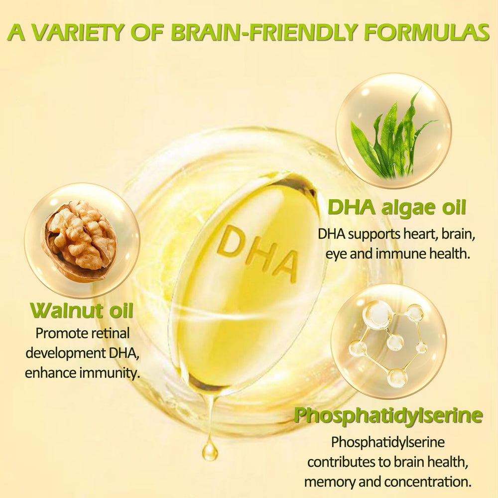 OMOGS Algae DHA softgels from algae oil for easy absorption with walnut oil.