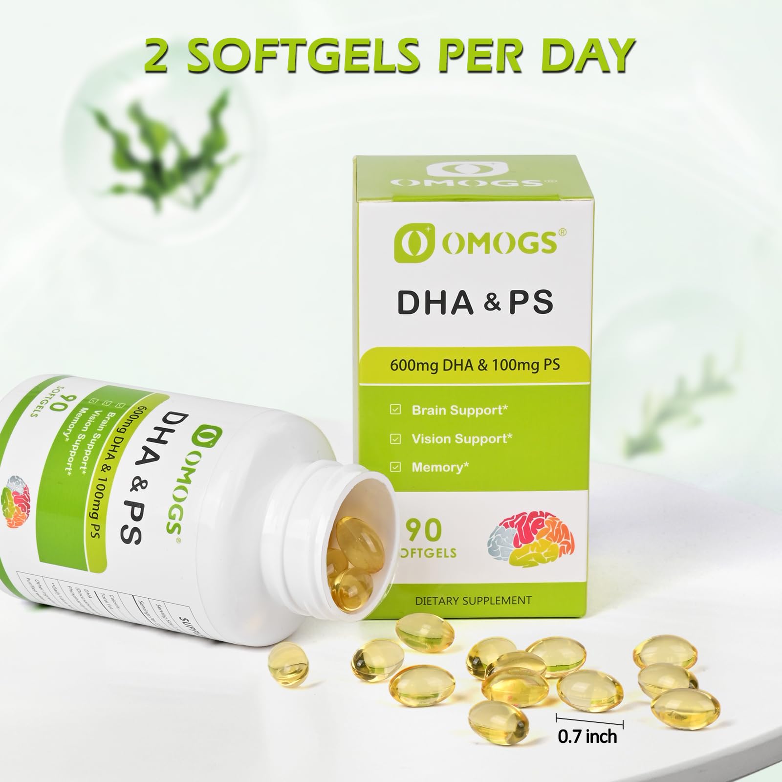 OMOGS Algae DHA bottle on countertop for daily wellness routine.