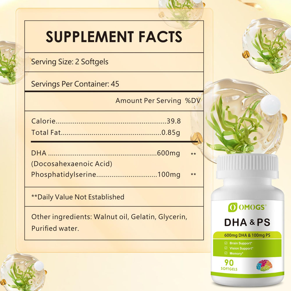 OMOGS Algae DHA softgels highlight phosphatidylserine for memory support.