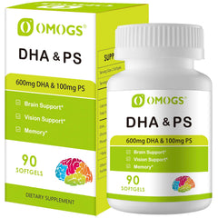 OMOGS Algae DHA softgels bottle with 600 mg DHA supports brain and eye health.