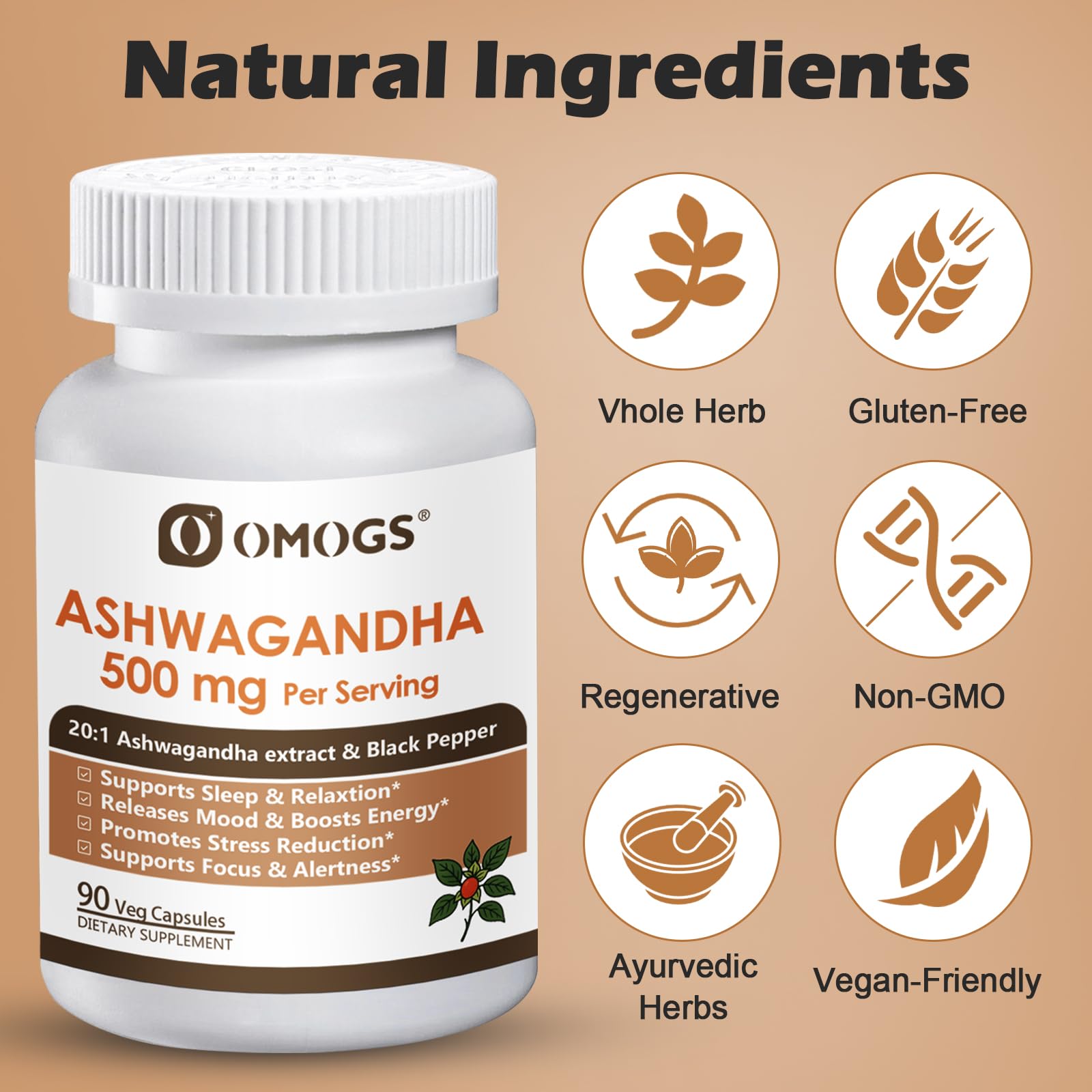 OMOGS Ashwagandha supplement container on shelf communicates trusted quality.
