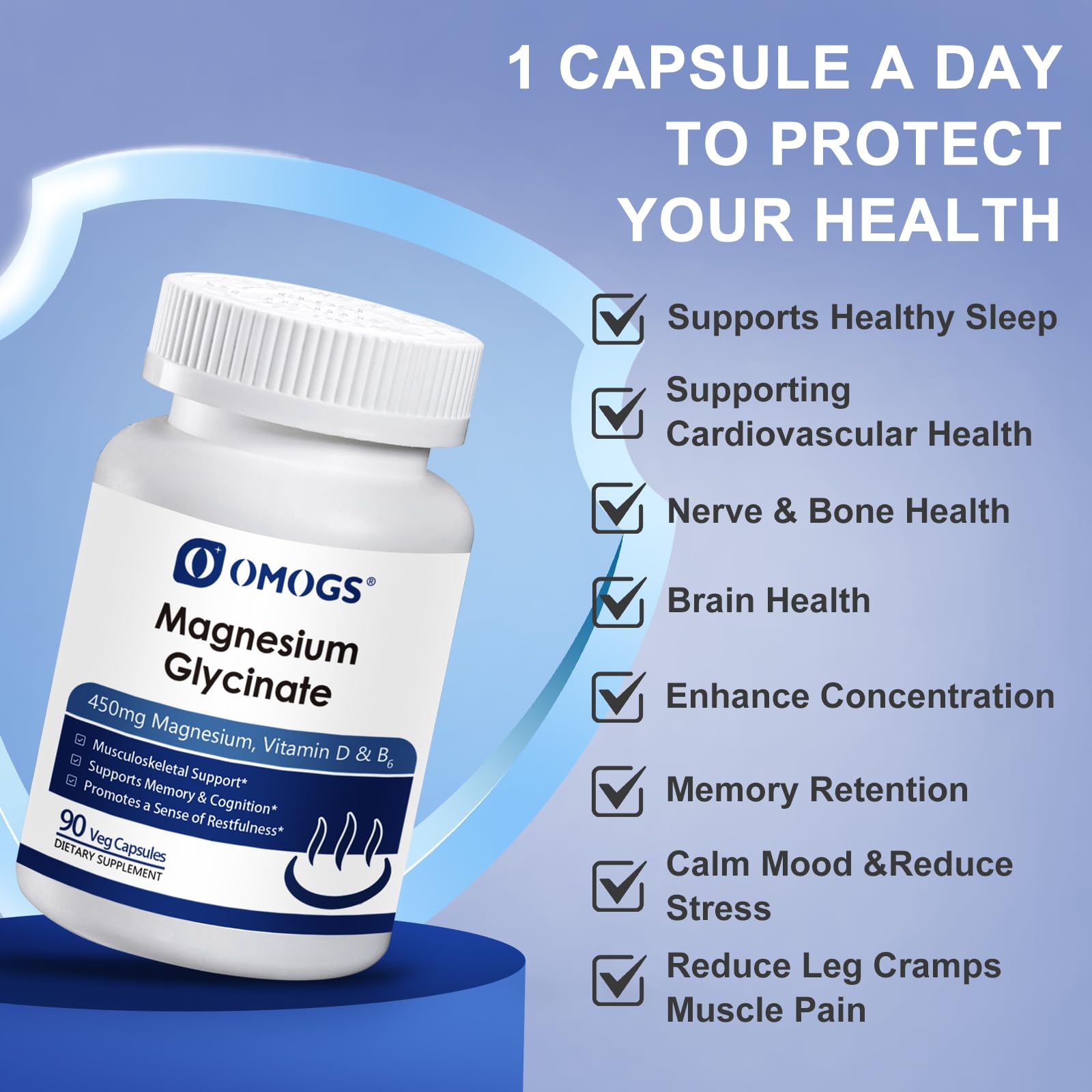 OMOGS bottle with spoon pouring; convenient dosage for bedtime routines.