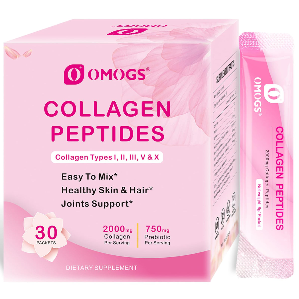 OMOGS collagen powder bottle highlighting grass-fed ingredients for skin and hair support.