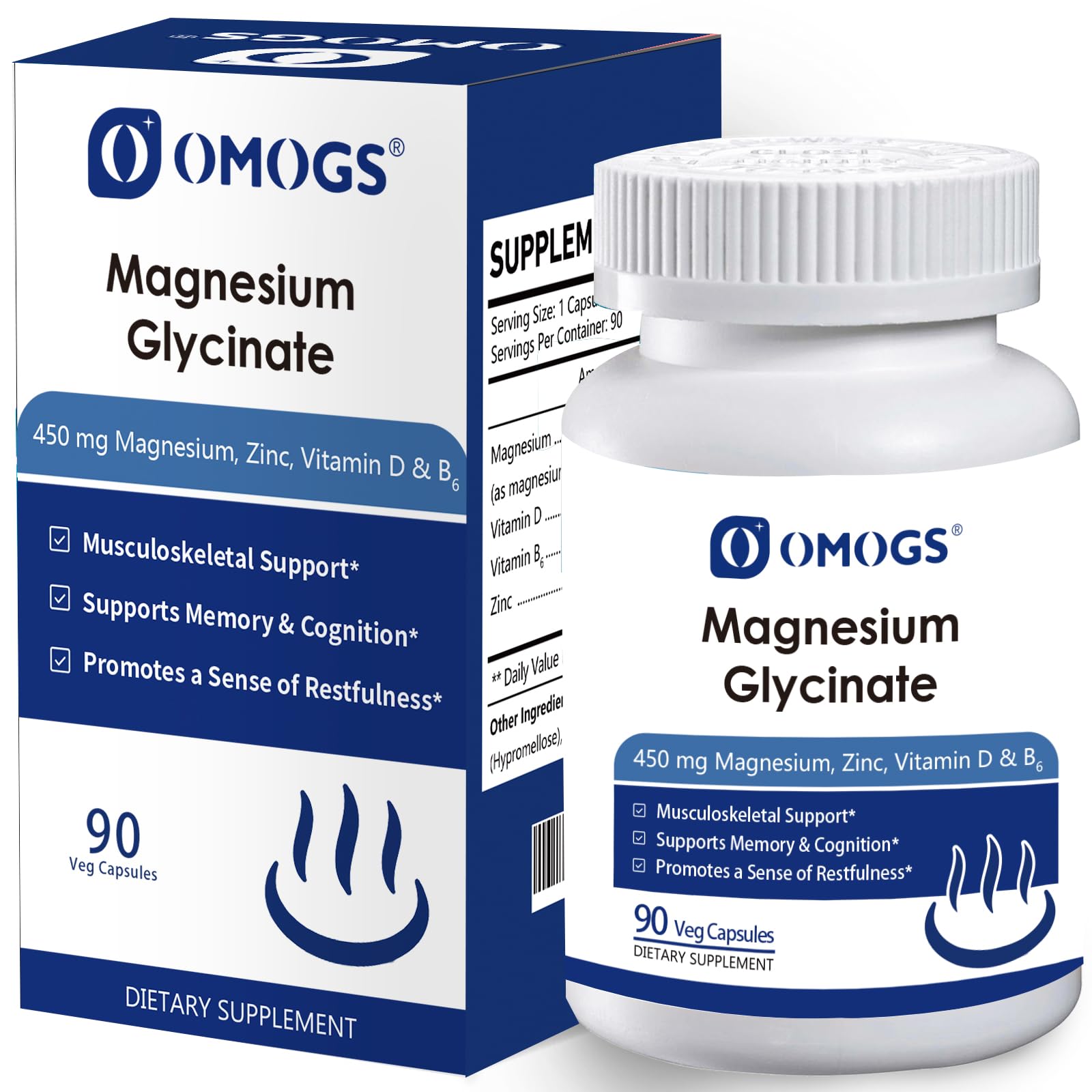 OMOGS high-absorption magnesium glycinate bottle; supports restful nights and calm nerves.