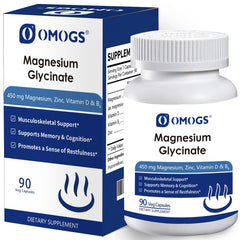 OMOGS high-absorption magnesium glycinate bottle; supports restful nights and calm nerves.