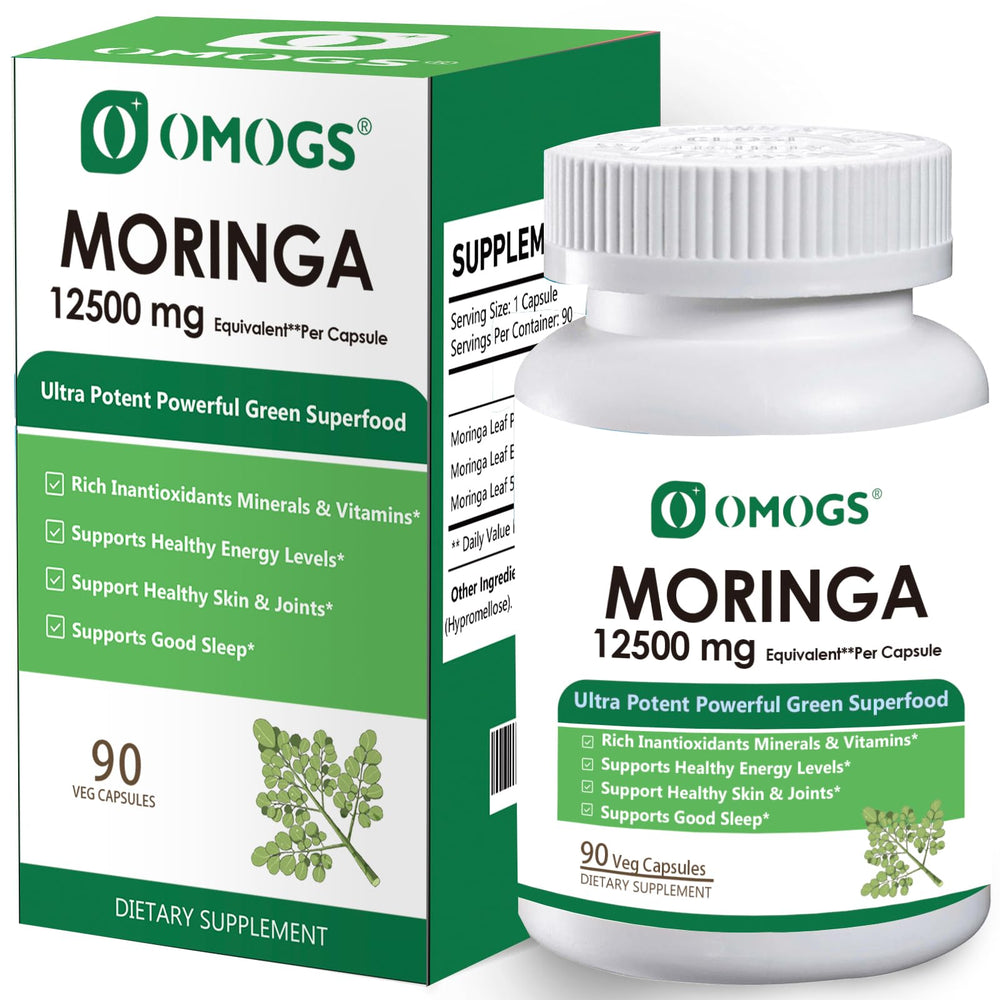 OMOGS Moringa capsules bottle with leaf powder label for daily energy support