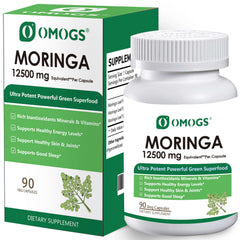 OMOGS Moringa capsules bottle with leaf powder label for daily energy support