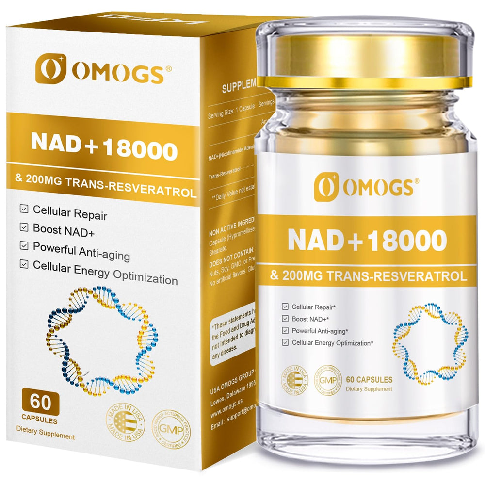 OMOGS NAD+ bottle front view highlighting potent longevity formula for daily energy
