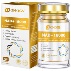 OMOGS NAD+ bottle front view highlighting potent longevity formula for daily energy