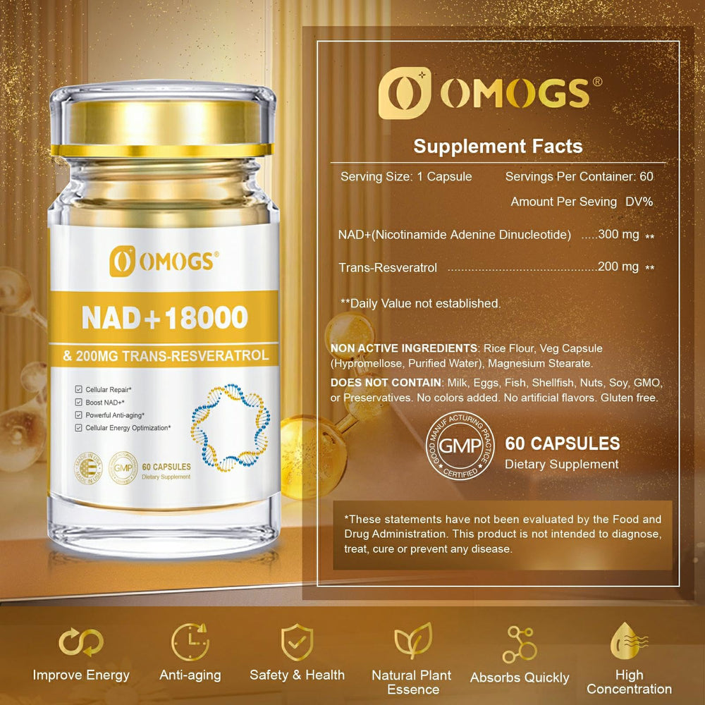 Close-up of OMOGS NAD+ capsules showing easy daily dosing for sustained energy