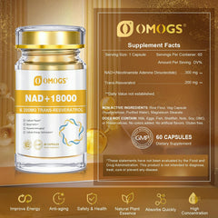 Close-up of OMOGS NAD+ capsules showing easy daily dosing for sustained energy