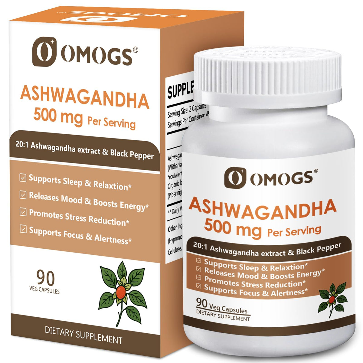 OMOGS Organic Ashwagandha bottle highlights high absorption for energy and stress support.