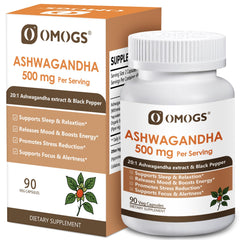 OMOGS Organic Ashwagandha bottle highlights high absorption for energy and stress support.