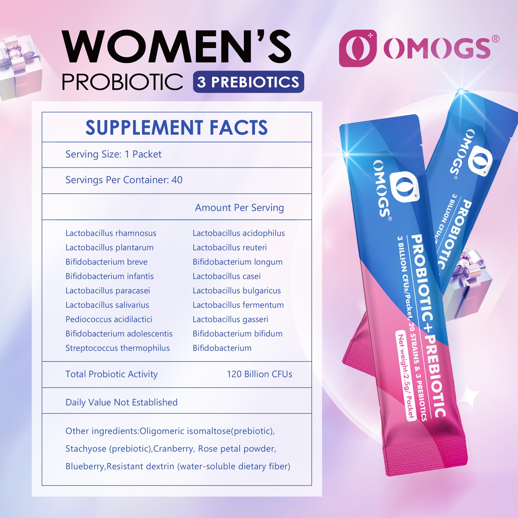 OMOGS probiótico para mujeres, equilibrio de la flora intestinal para mayor comodidad diaria.