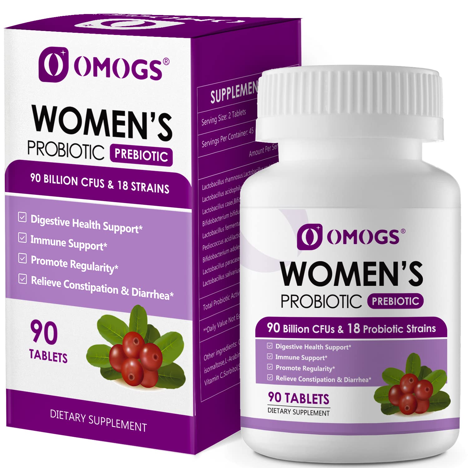 OMOGS Women's Probiotic bottle highlights 90B CFUs and 18 strains for digestive balance.