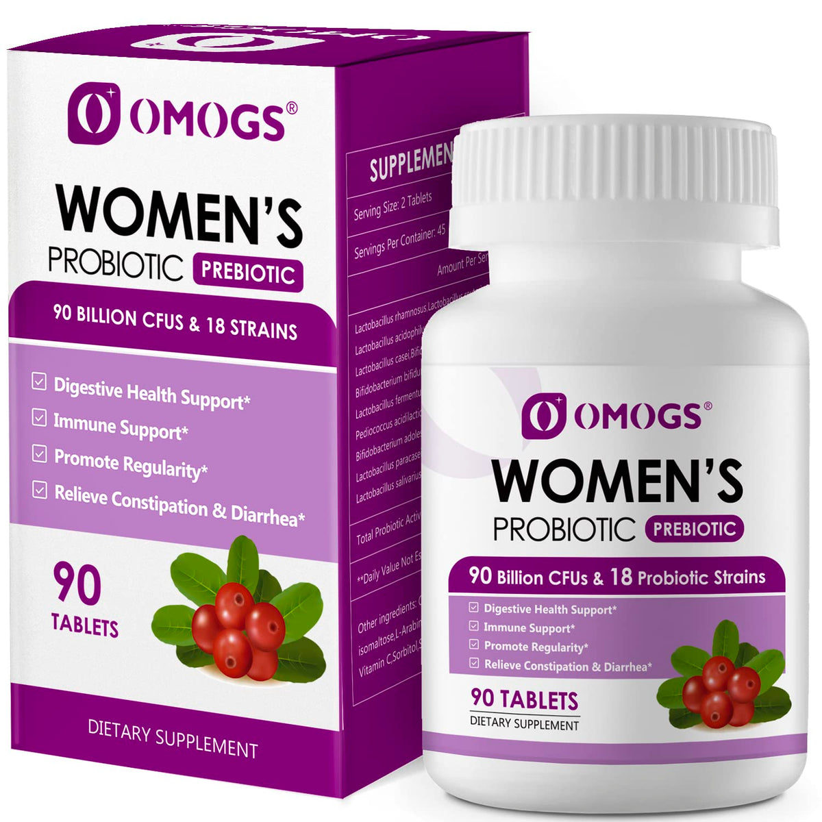OMOGS Women's Probiotic bottle highlights 90B CFUs and 18 strains for digestive balance.