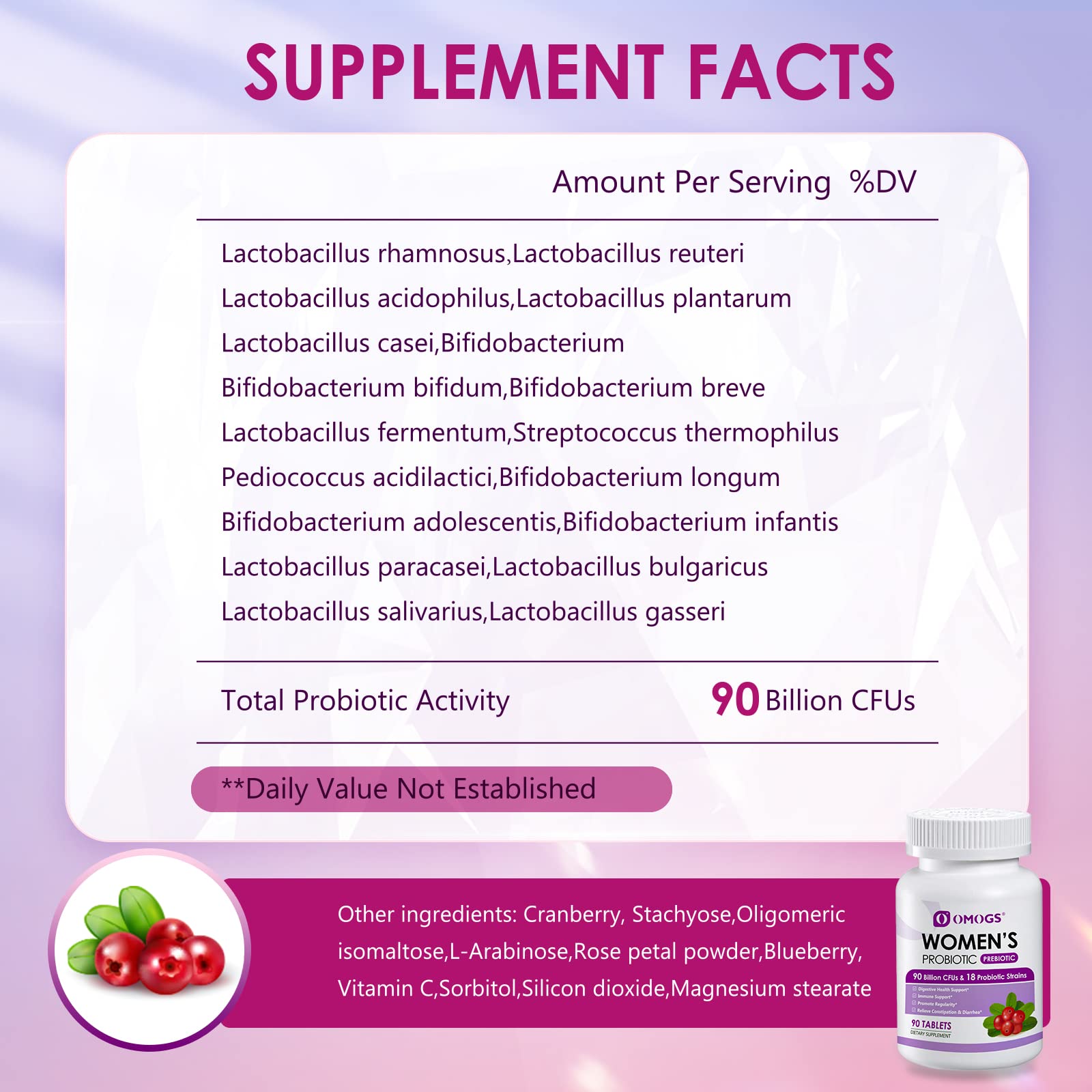OMOGS Women's Probiotic capsules showcase cranberry extract for urinary health.