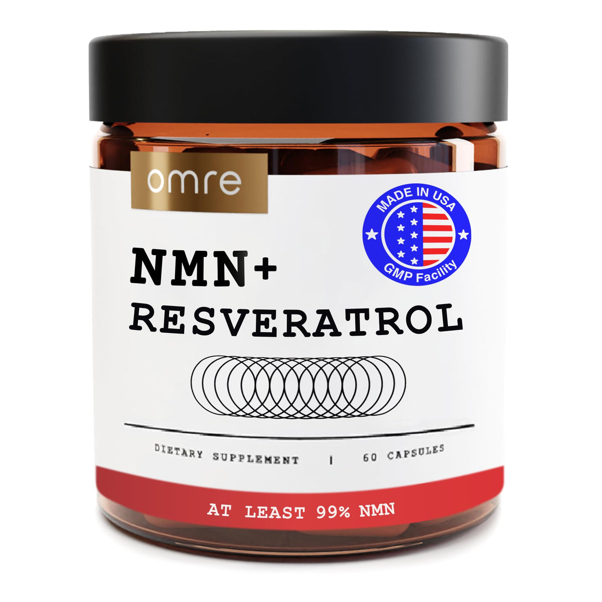 OMRE NMN + Resveratrol bottle shows premium daily energy support