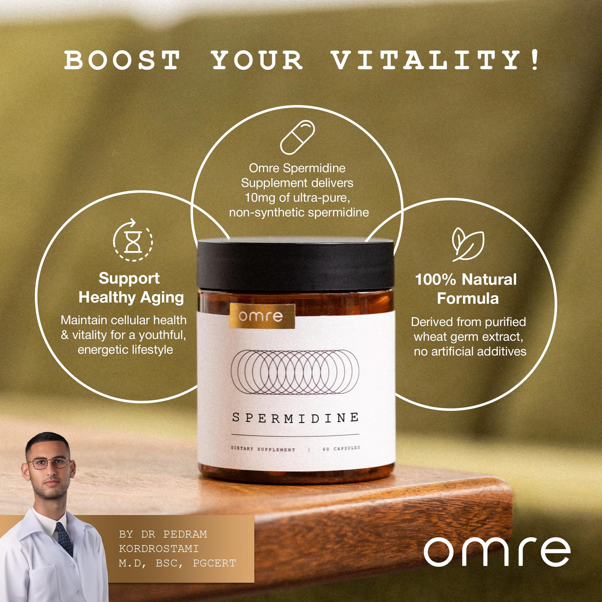 OMRE Spermidine Supplement capsules providing easy, measured dosing