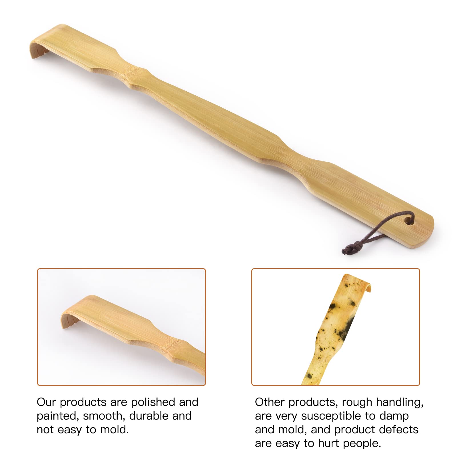 Omszte bamboo back scratcher in light brown blends with any setting.