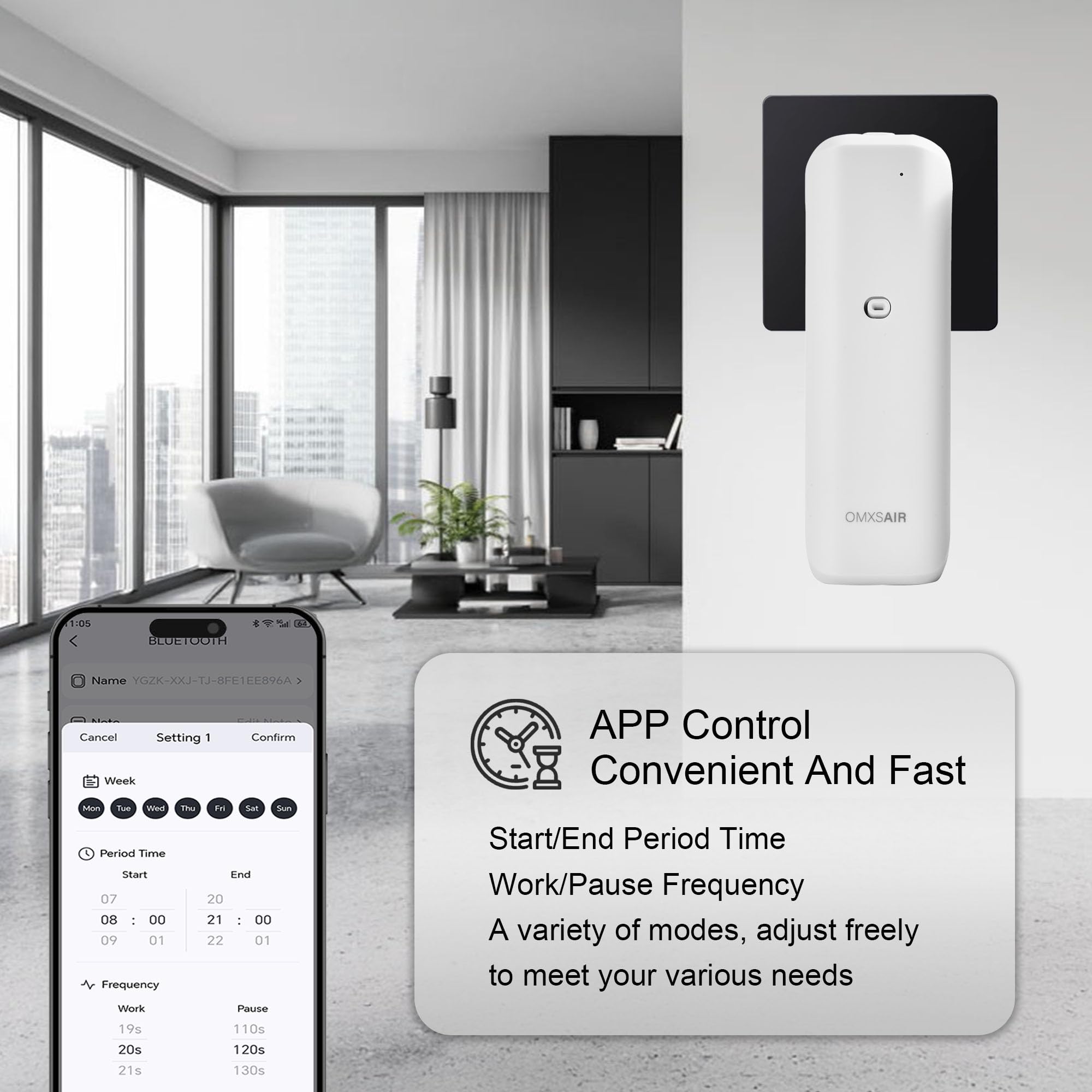 OMXSair app control wall plug diffuser with Bluetooth interface for precise scent scheduling.
