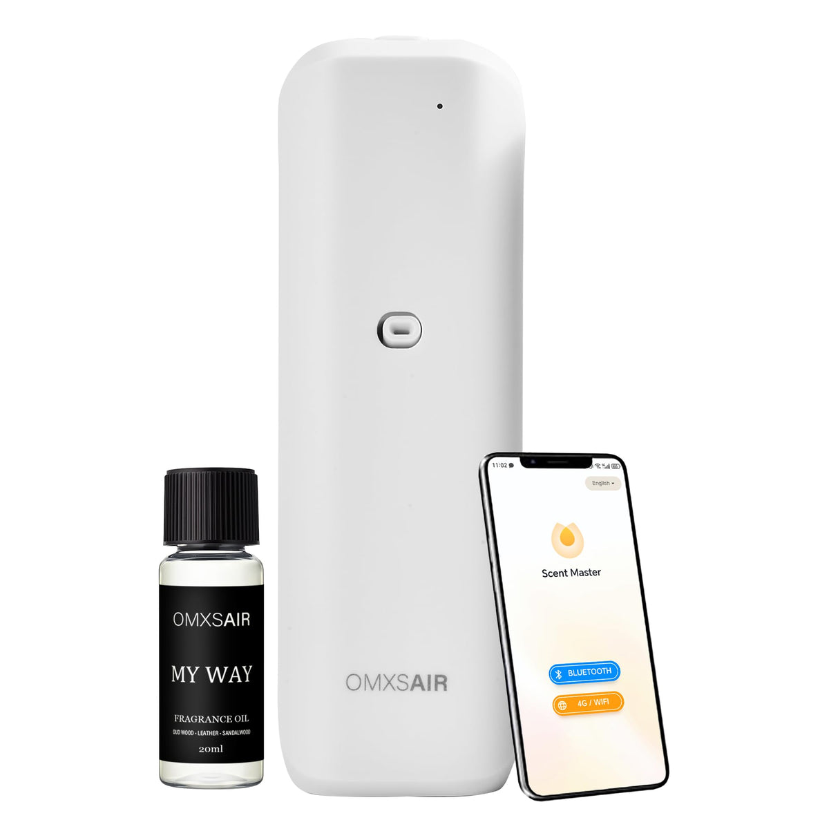 OMXSair waterless wall plug diffuser plugged into outlet, delivering room fragrance.