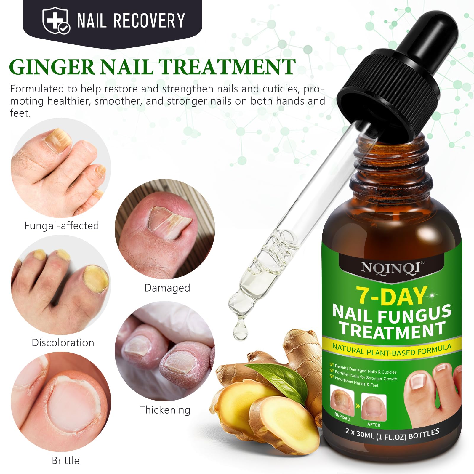OMZOK ginger nail growth serum bottle highlights nourishing formula for stronger nails.
