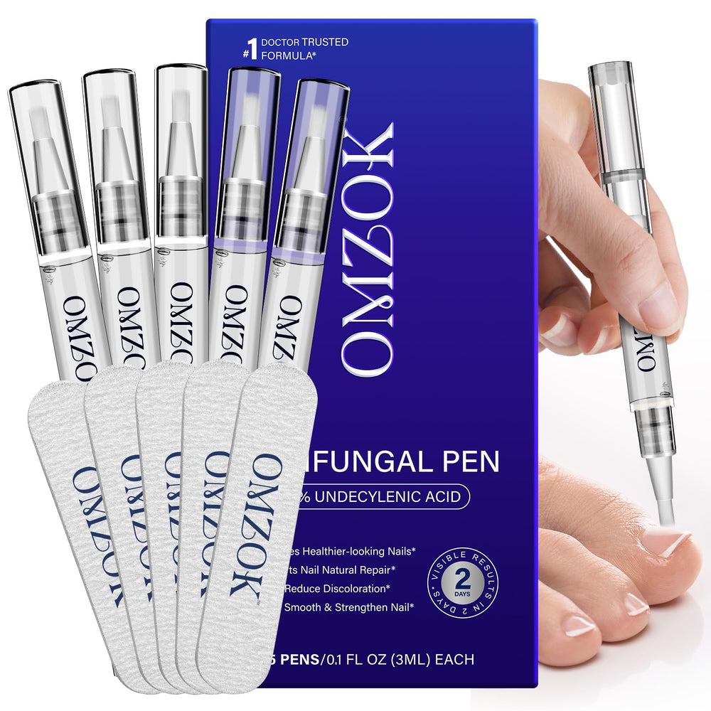 OMZOK Toenail Fungus Pen packaging highlights key ingredients for at-home nail care.