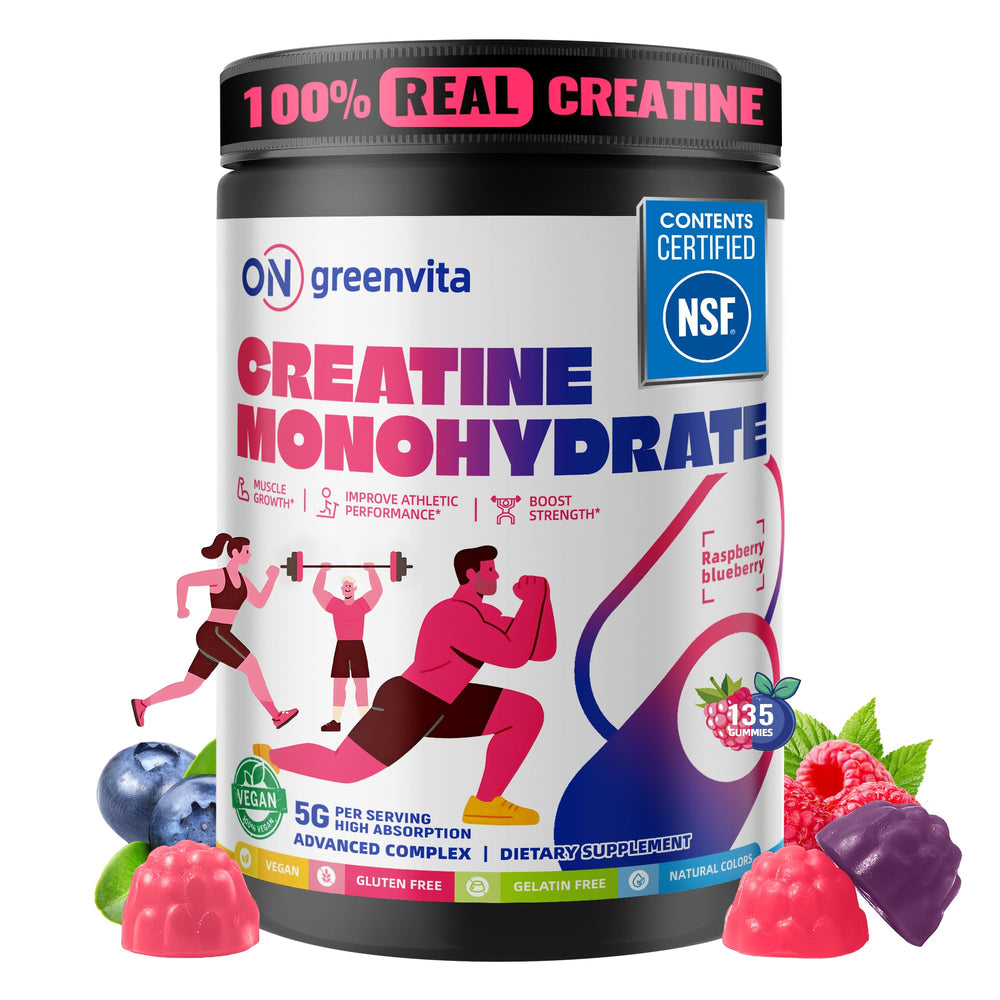 On Greenvita Creatine Monohydrate Gummies jar shows convenient sugar-free supplementation.