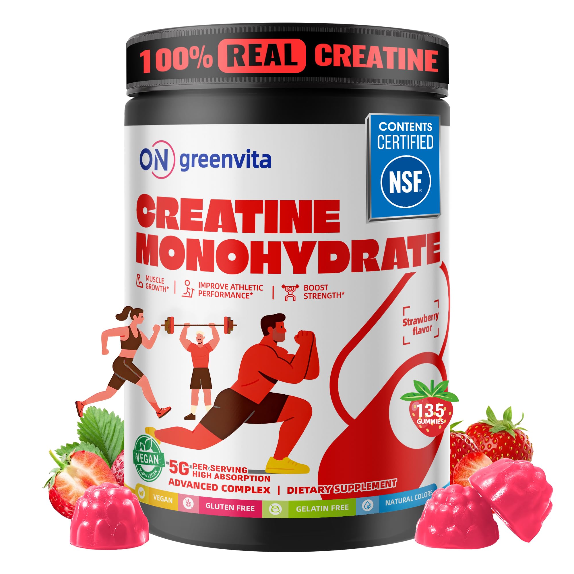 On Greenvita creatine gummies in bottle close-up for focus and endurance.