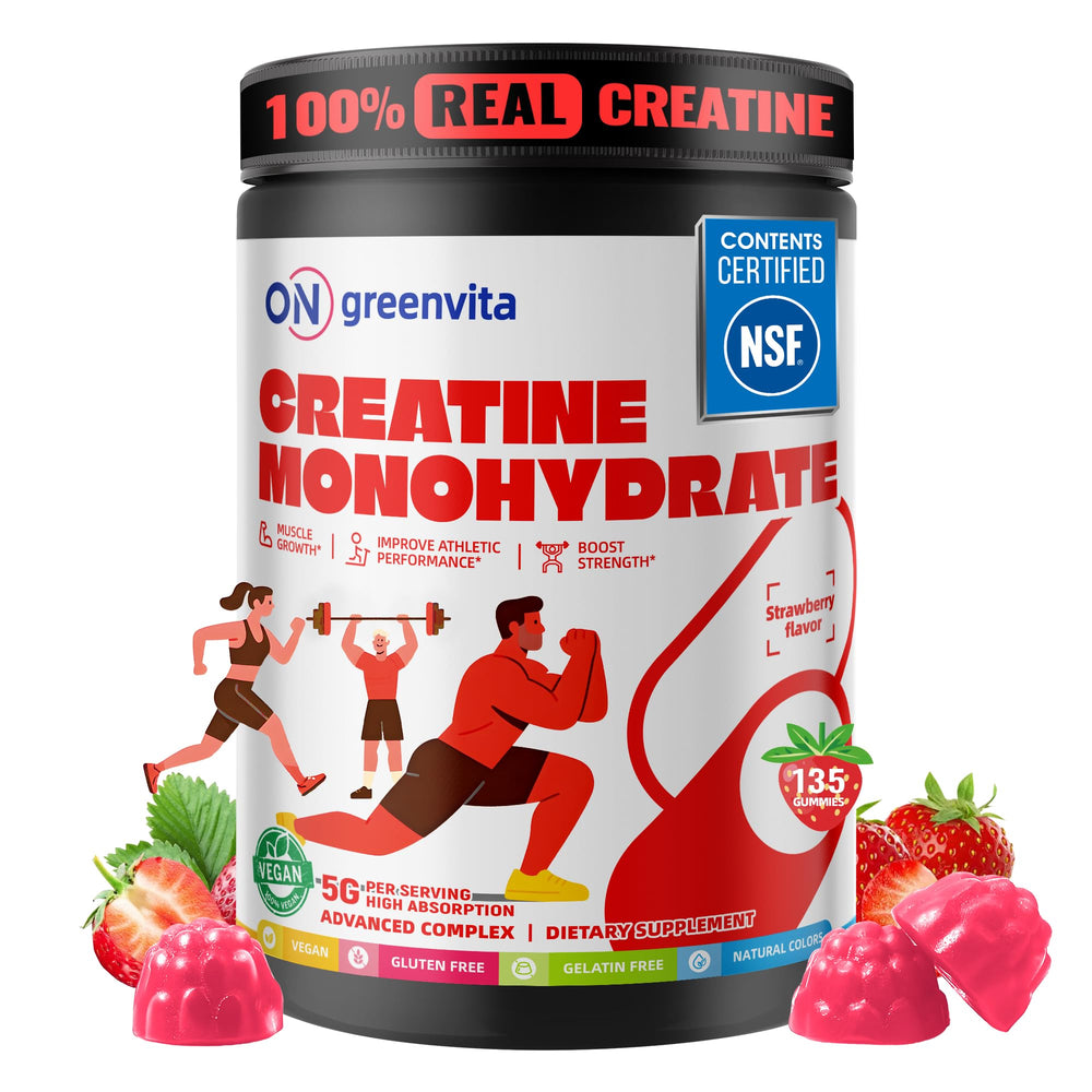 On Greenvita creatine gummies in bottle close-up for focus and endurance.