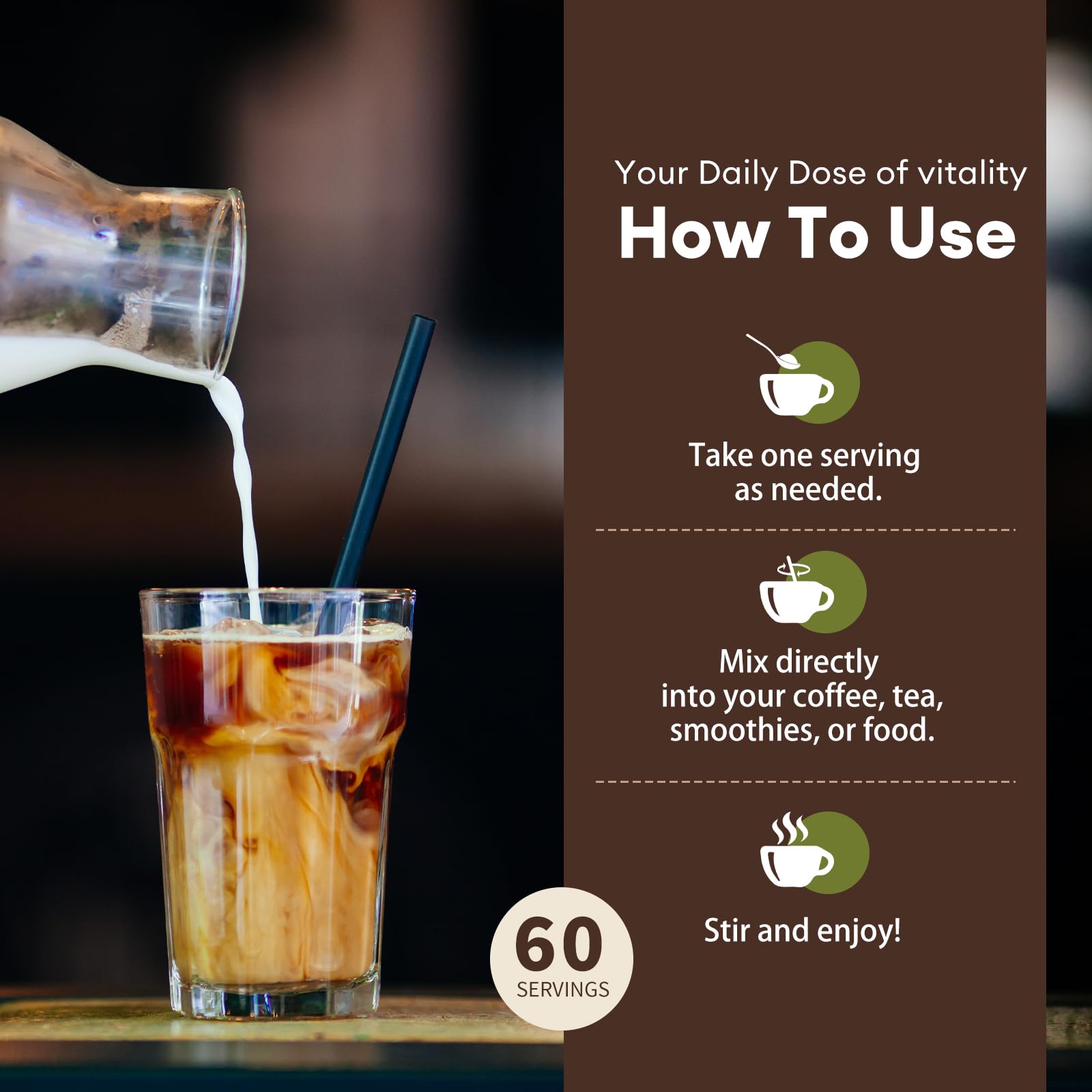 Mushroom powder blend dissolving smoothly in coffee or smoothie for convenience