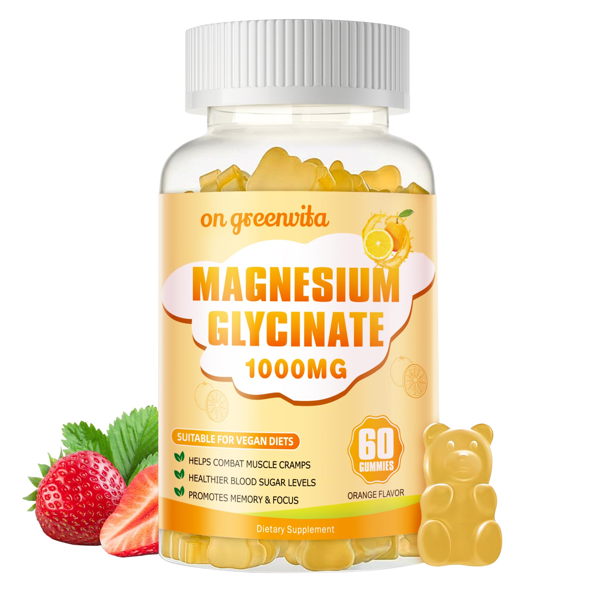On Greenvita Magnesium Glycinate Gummies bottle in orange flavor for daily calm.