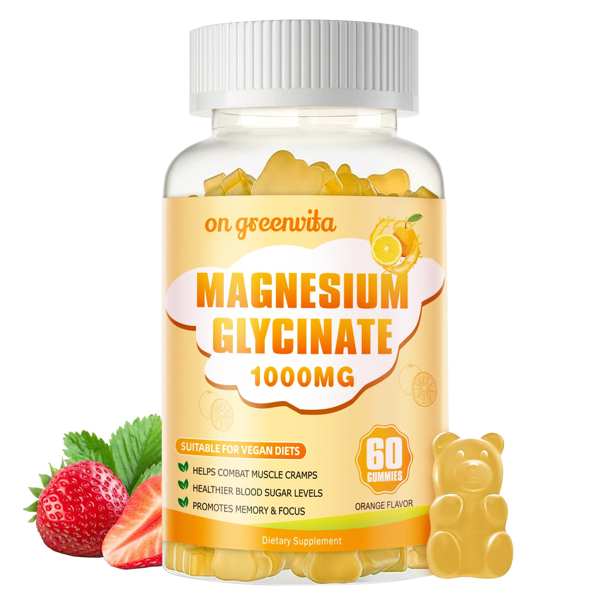 On Greenvita Magnesium Glycinate Gummies bottle in orange flavor for daily calm.