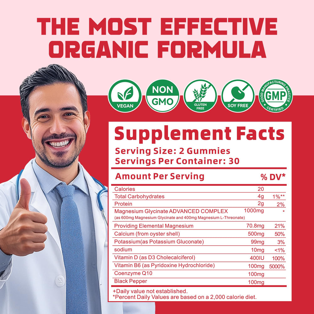 On GreenVita Magnesium Glycinate Gummies ingredients panel showing D, B6, CoQ10.