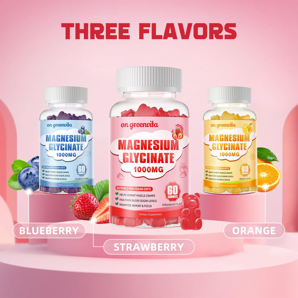 On GreenVita Magnesium Glycinate Gummies strawberry pack, convenient chewable daily option.