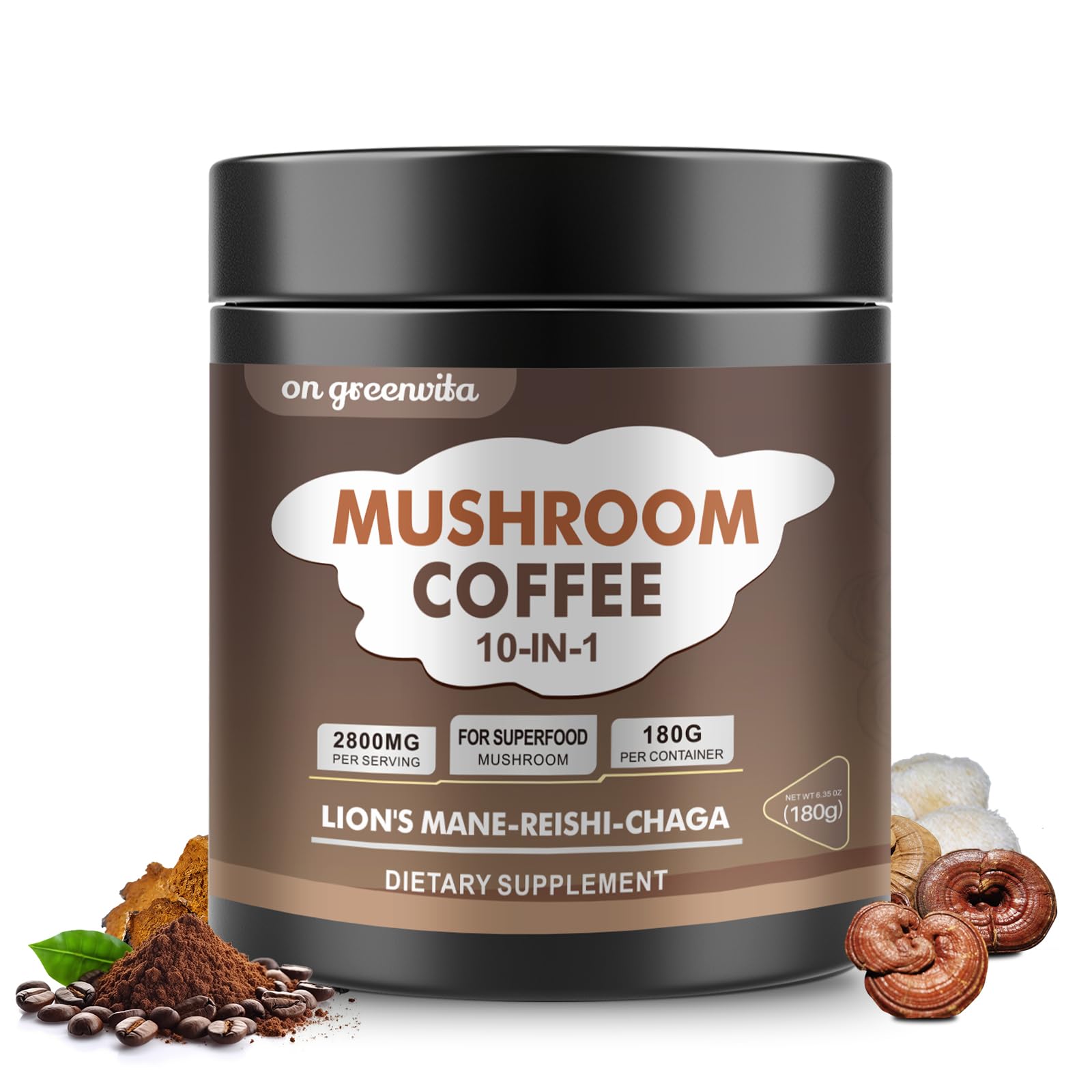 On GreenVita Mushroom Coffee tub closeup highlights a brain-friendly blend for focus
