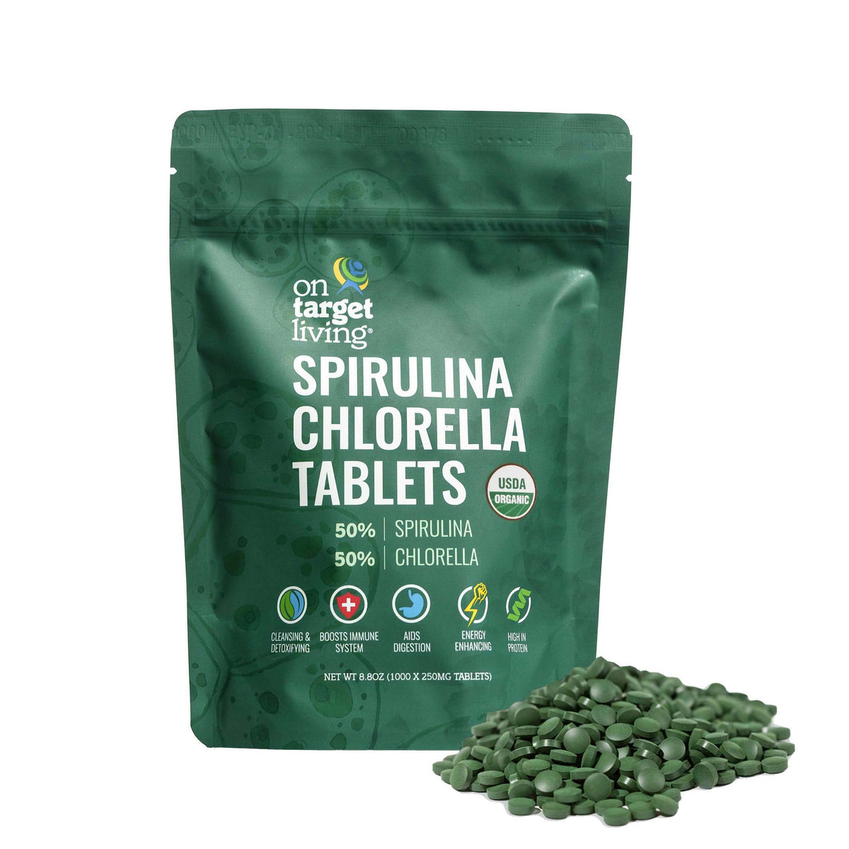 On Target Living Organic Spirulina Chlorella tablets in bottle for daily nutrition.