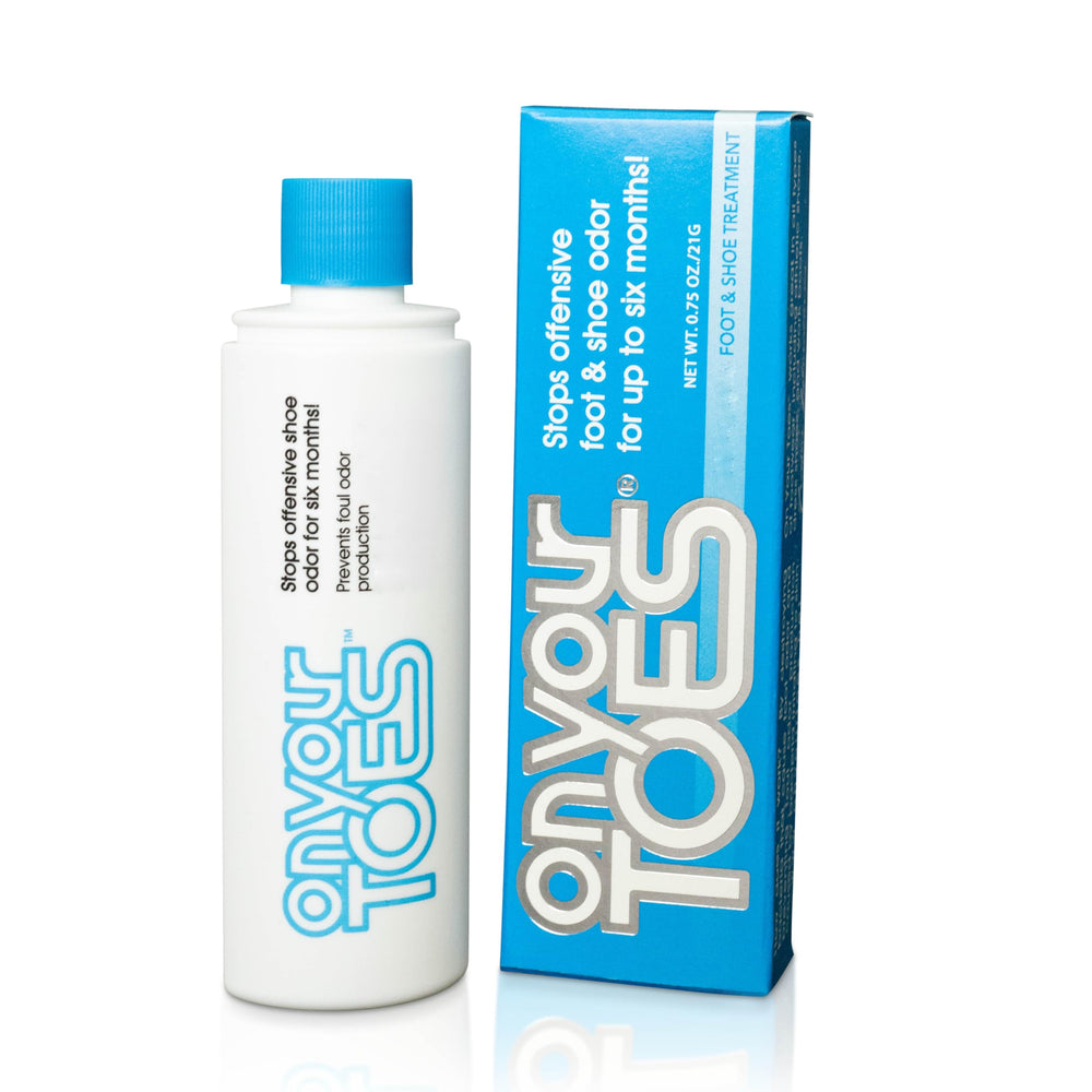 On Your Toes bottle front, compact odor eliminator for on-the-go freshness.
