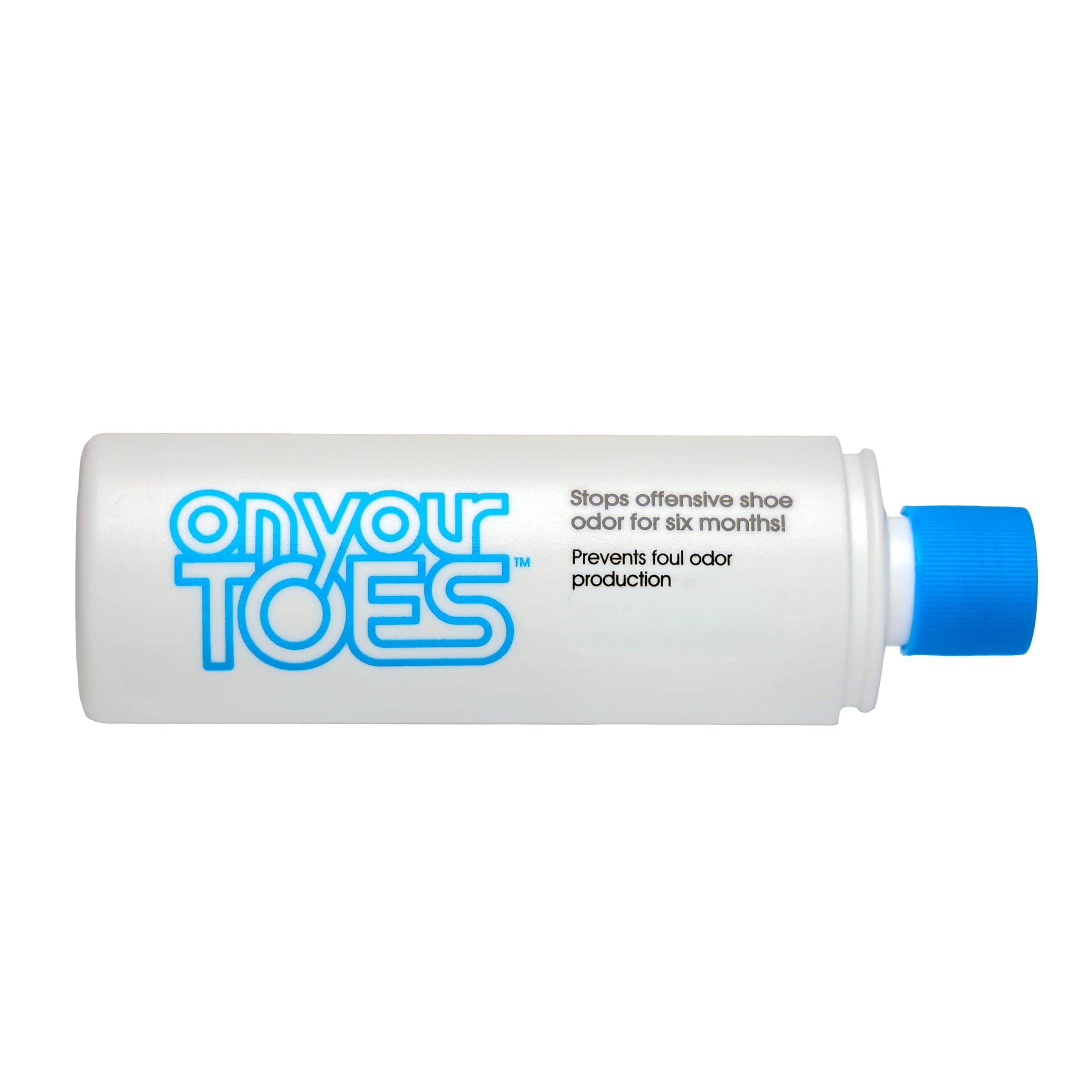 On Your Toes powder-dispense close-up, quick application for long-lasting odor control.