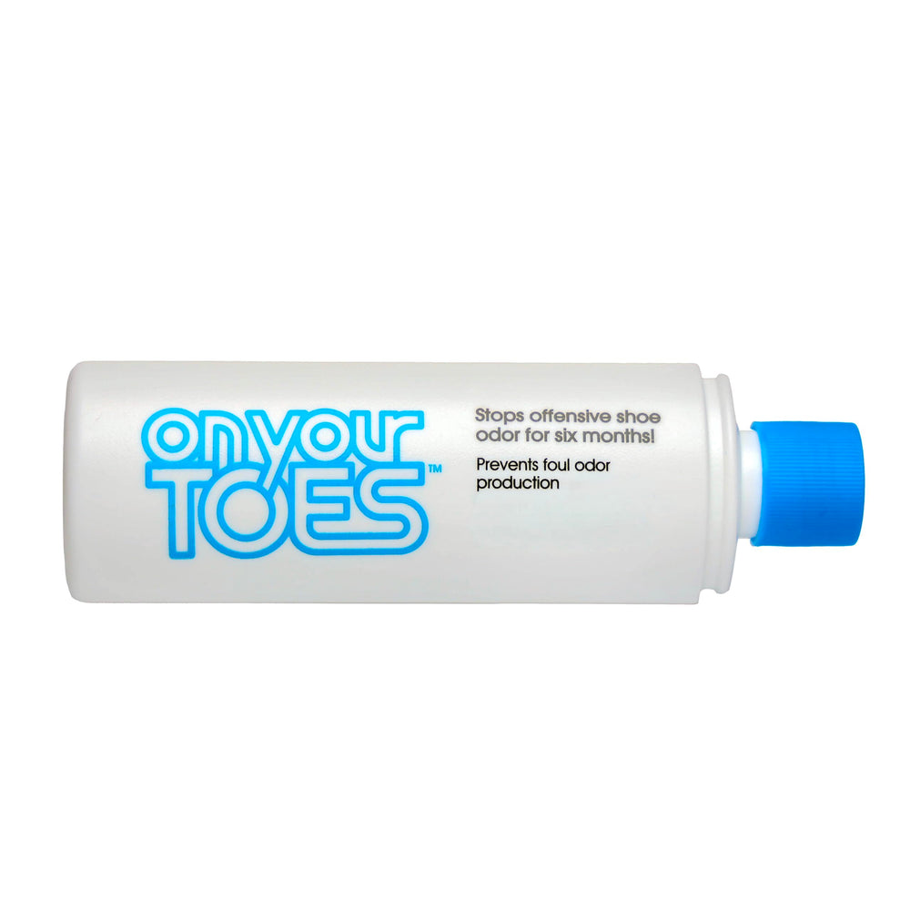 On Your Toes powder-dispense close-up, quick application for long-lasting odor control.