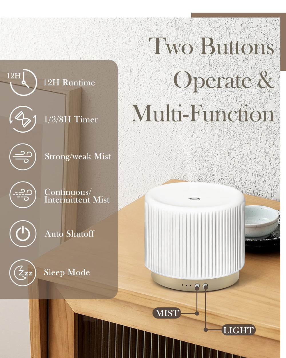 Onaboviva 280ml ceramic diffuser provides long-lasting aroma for large rooms.