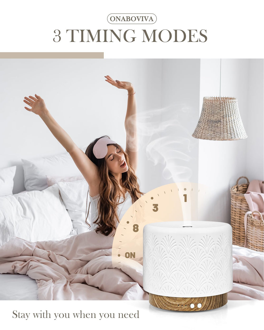 Onaboviva diffuser features imitation walnut base with elegant ceramic design.
