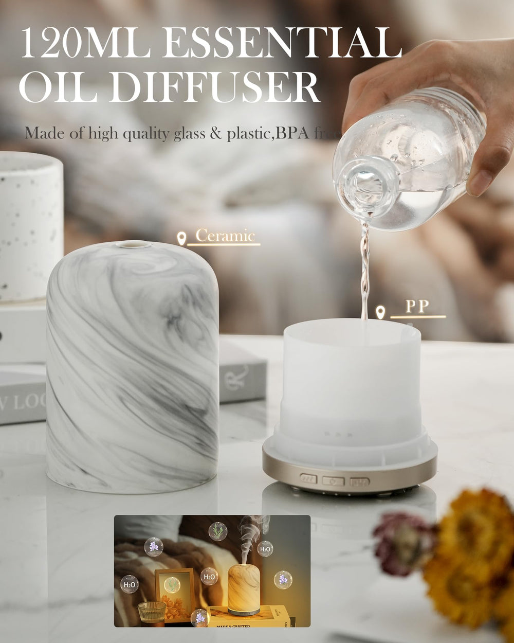 Onaboviva diffuser showing three warm light options for mood lighting