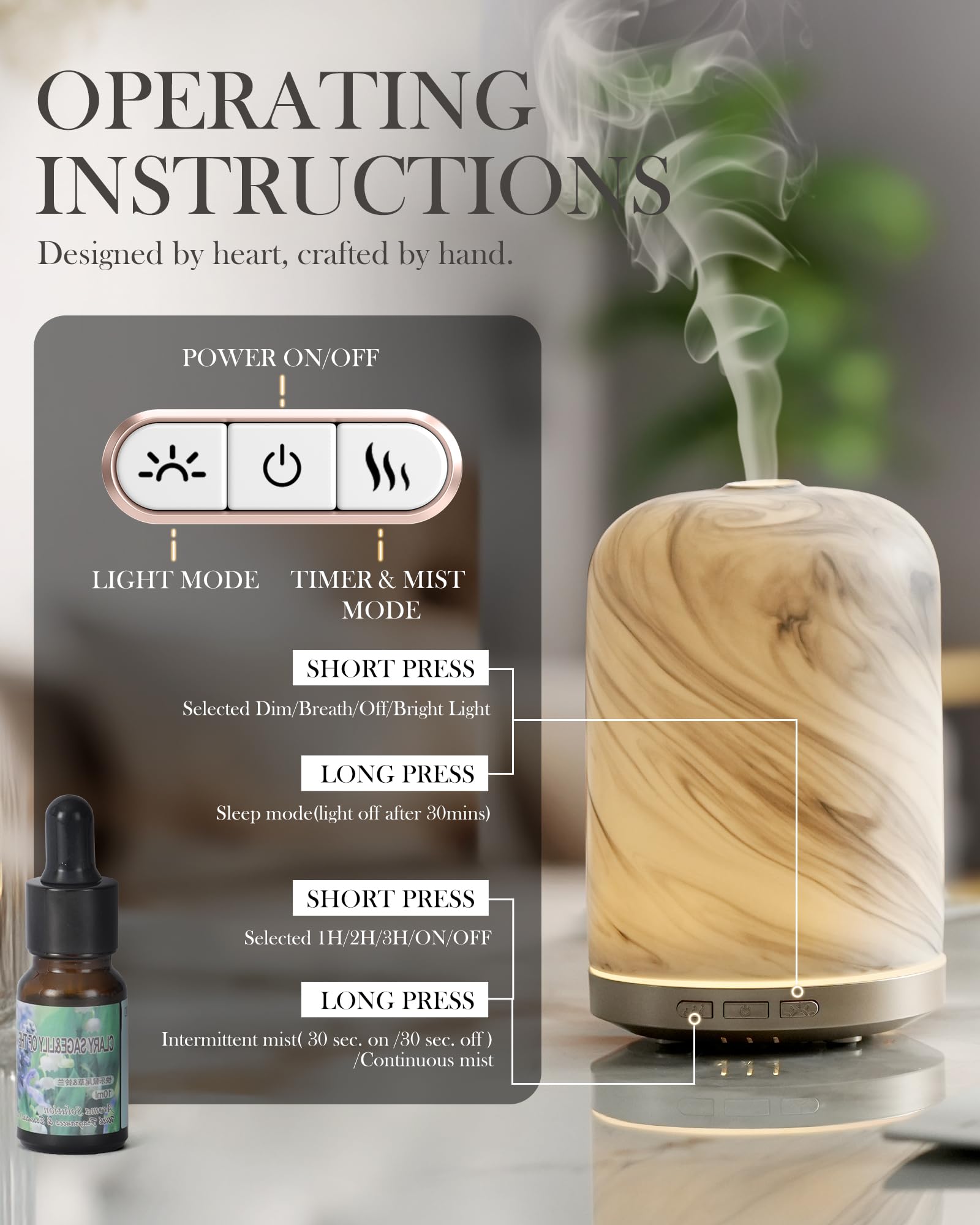 Onaboviva diffuser with strong and gentle mist modes for aroma control
