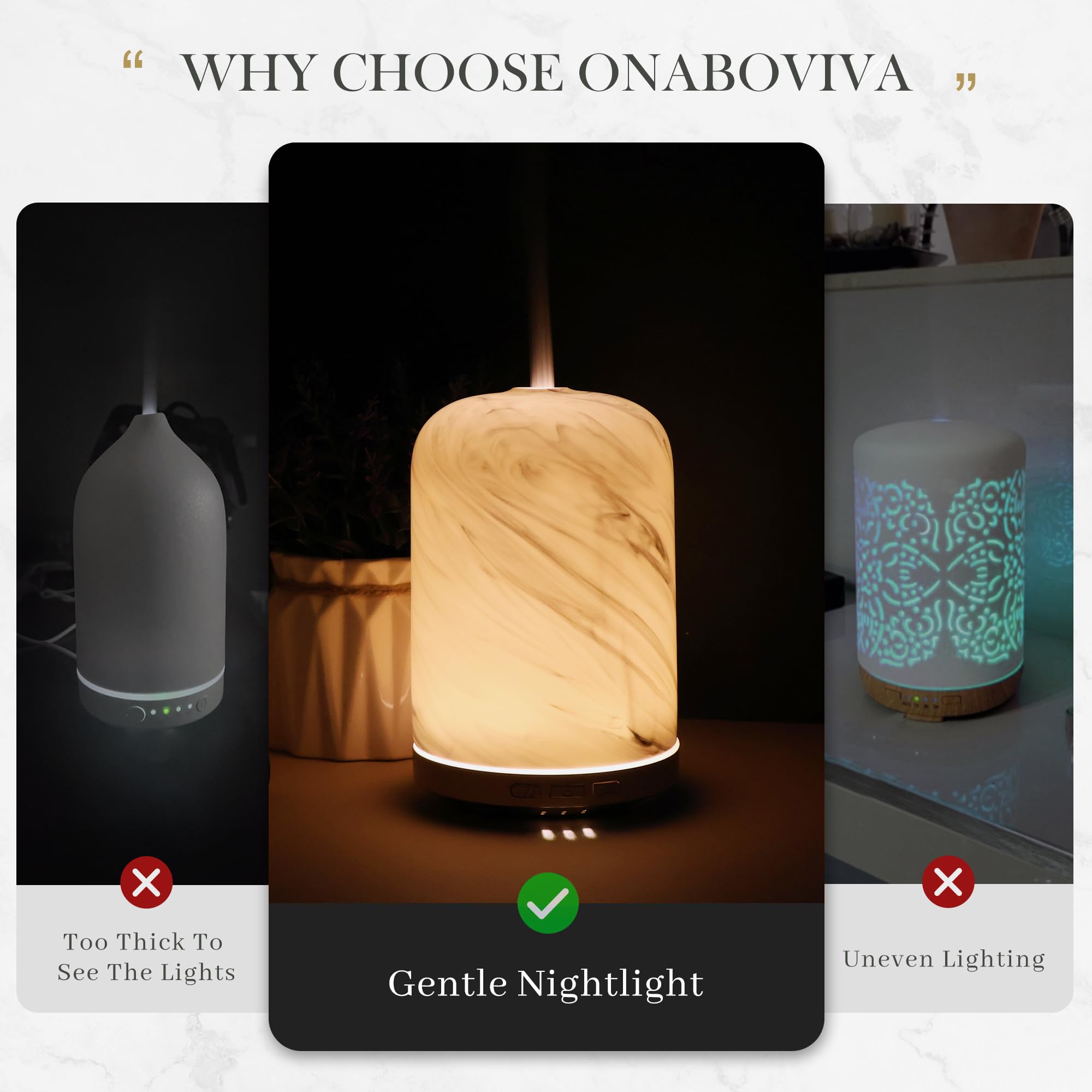 Onaboviva diffuser with warm ambient glow supports relaxing atmospheres