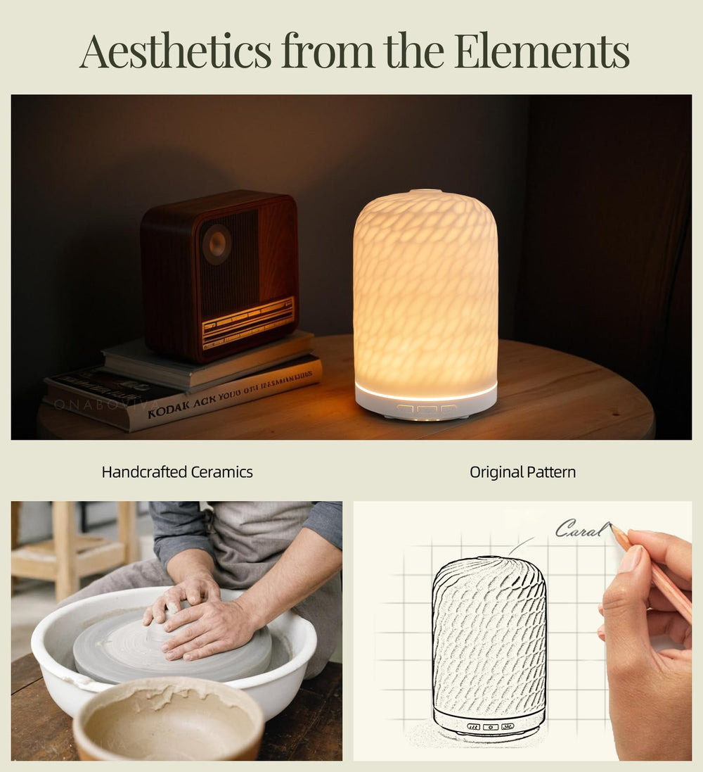 Onaboviva essential oil diffuser ambient light warm, creating a cozy nighttime glow.
